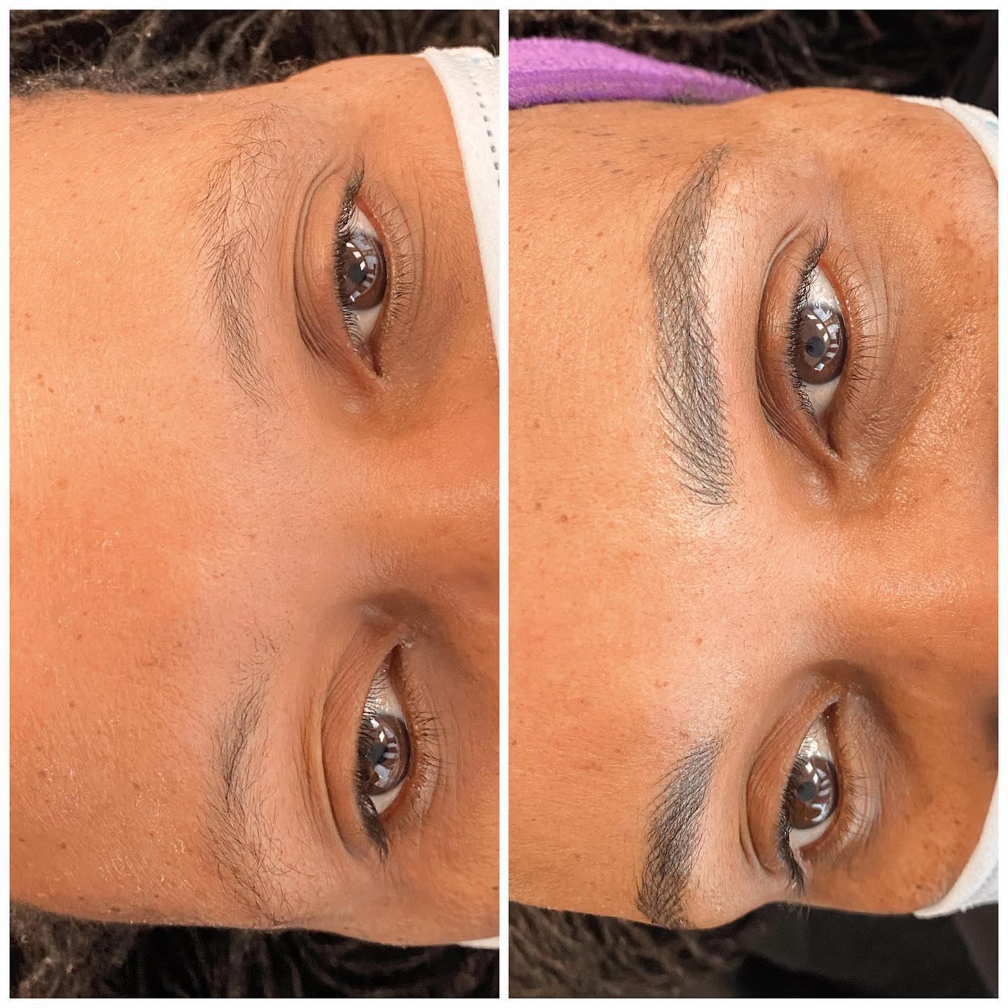 Before and after microblading — defined, natural hair-stroke brows