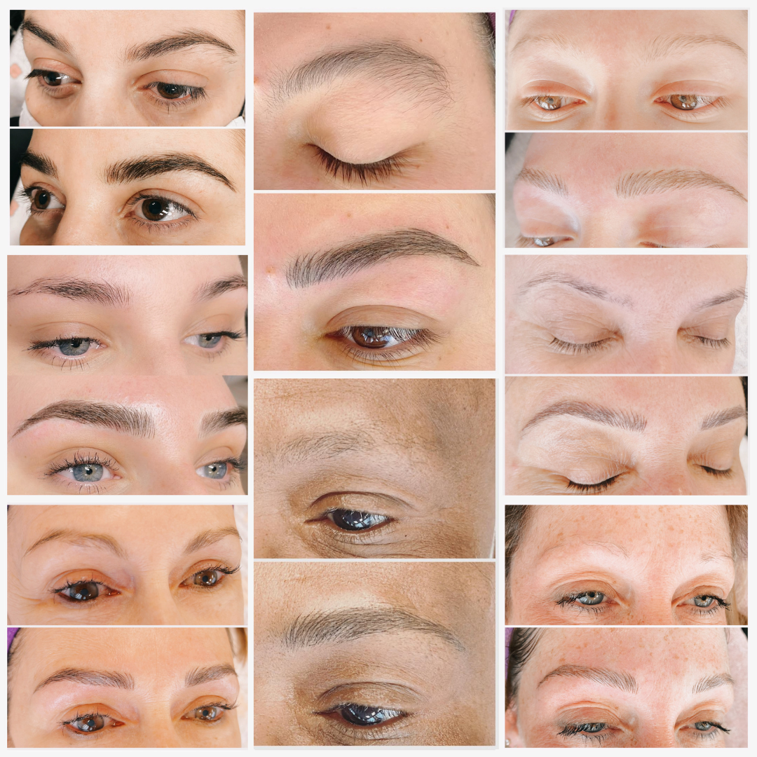 Microblading results collage — natural hair-stroke brows