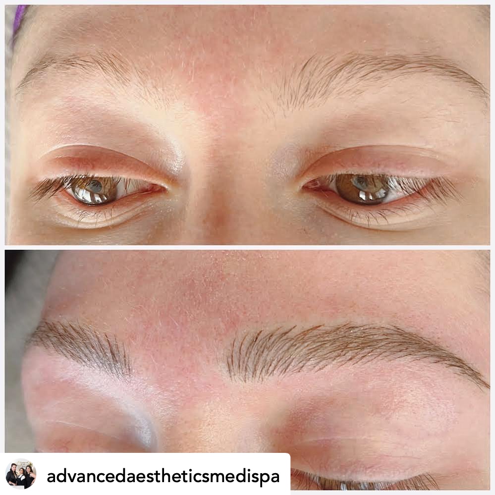 Before and after microblading — natural hair-stroke brow transformation